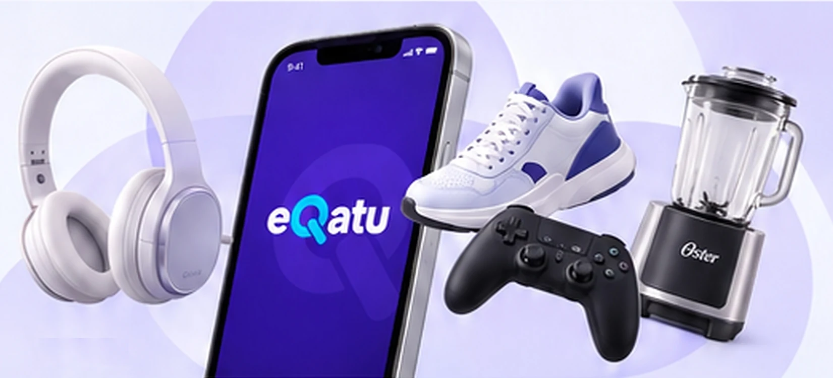 Audífonos, un celular con eQatu, zapatillas, un control de videojuegos y una licuadora