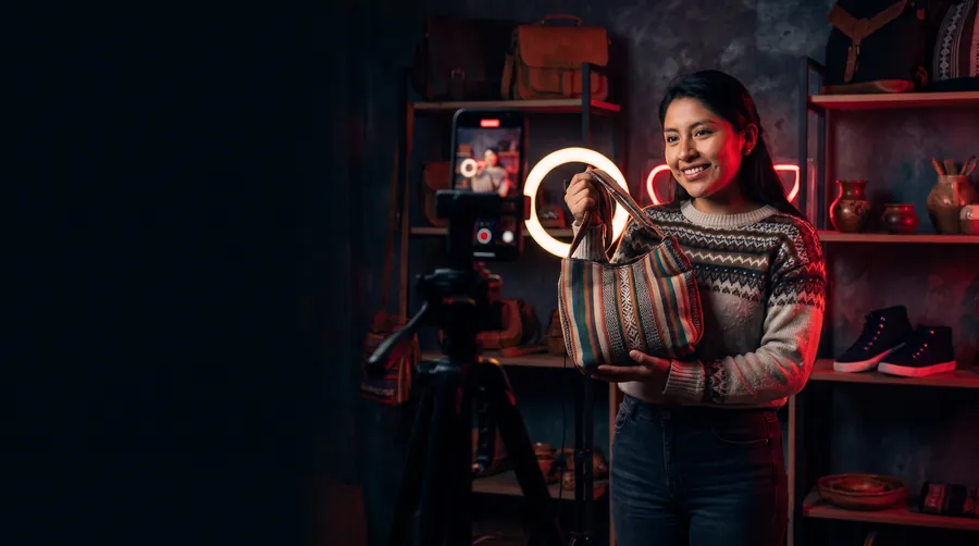 Una emprendedora boliviana muestra un bolso de aguayo frente a un teléfono en trípode con aro de luz, transmitiendo en vivo desde su tienda